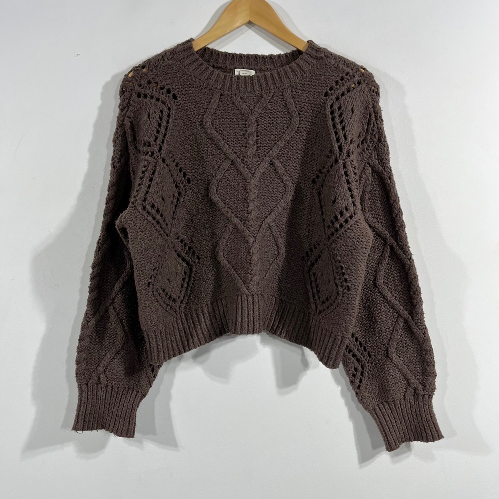Womens Fisherman Heritage Brown Cable Knit Pointelle Cropped Sweater Womens MP